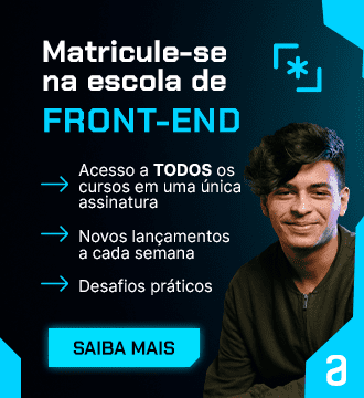 Banner promocional da Alura, com um design futurista em tons de azul, apresentando o texto "Já sabe quais os próximos passos para seus estudos em Front-end? O Guia de Carreira em Front-end vai te ajudar nisso". À direita, está a foto de um jovem sorridente olhando para a esquerda do banner, ao lado de uma lista de tópicos oferecidos pelo guia, como "Principais cursos e formações da Alura nessa área", "Caminhos para carreira Front-end Angular e React", "Como migrar do Front-end para Back-end" e "Dicas de especialistas na área". No canto inferior direito, há um ícone de download e o texto "Baixe gratuitamente".